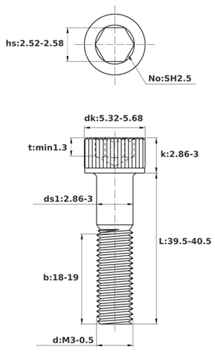 Bản vẽ kỹ thuật Lục Giác Chìm Đầu Trụ Thép Mạ Kẽm Trắng Cr3+ 12.9 DIN912 M3x40 Ren Lửng