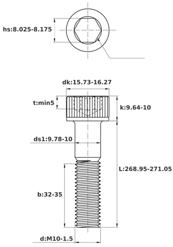 Bản vẽ kỹ thuật Lục Giác Chìm Đầu Trụ Thép Đen 12.9 DIN912 M10x270 Ren Lửng