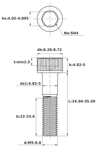 Bản vẽ kỹ thuật Lục Giác Chìm Đầu Trụ Thép Đen 12.9 DIN912 M5x35 Ren Lửng