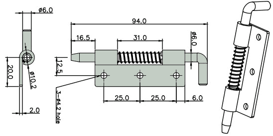 Bản vẽ kỹ thuật Chốt cửa bên phải thép mã kẽm Buyoung Φ4.2 (25x25) BYHL035-1A-R