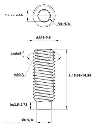 Bản vẽ kỹ thuật Vít Trí Đuôi Trụ Thép Đen 10.9 DIN915 M5x16