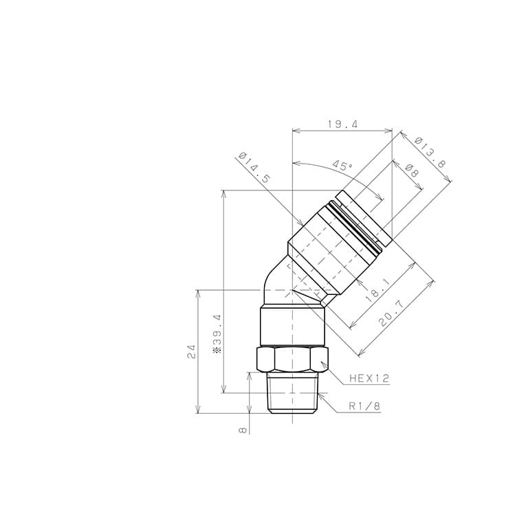 Bản vẽ kỹ thuật Đầu Nối Nhanh Khí Nén Dạng Cong 45° Ren Ngoài Pisco PLH8-01