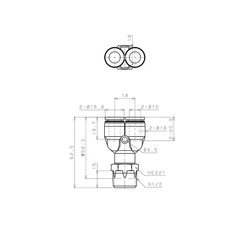 Bản vẽ kỹ thuật Đầu Nối Nhanh Khí Nén Dạng Chữ Y Ren Ngoài Pisco PX10-04SUS