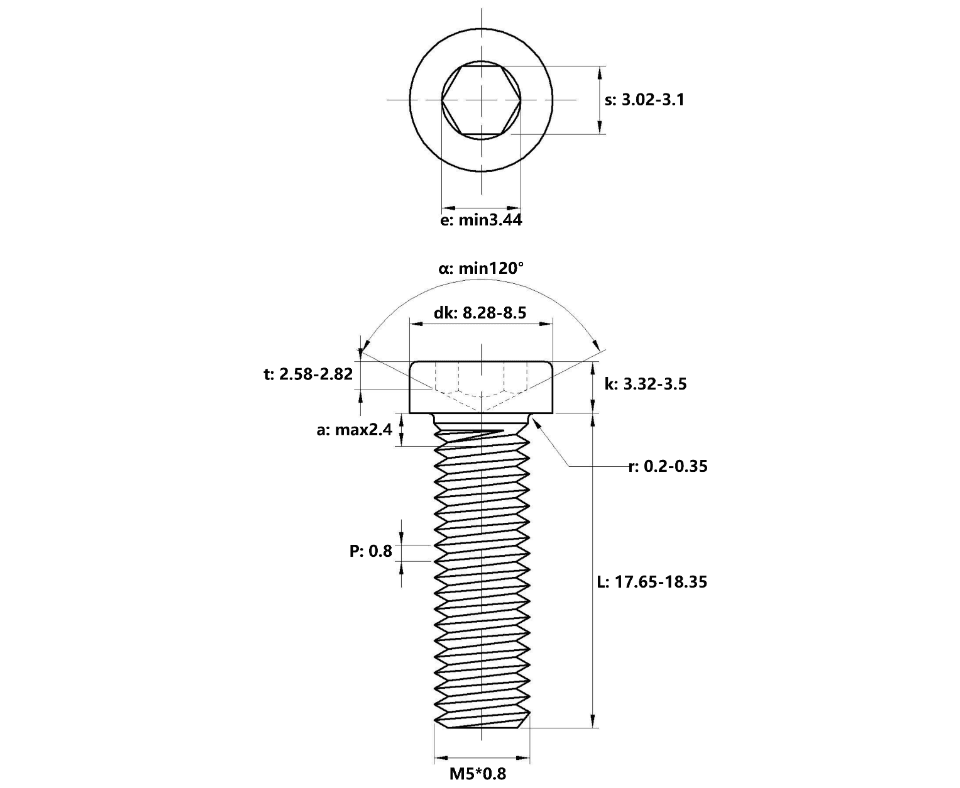 Bản vẽ kỹ thuật Lục Giác Trụ Đầu Thấp Inox 304 DIN7984 M5x18