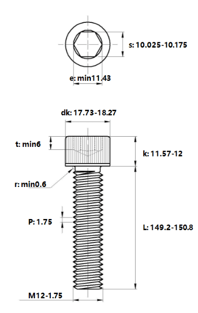 Bản vẽ kỹ thuật Lục Giác Chìm Đầu Trụ Thép Đen 12.9 DIN912 M12x150