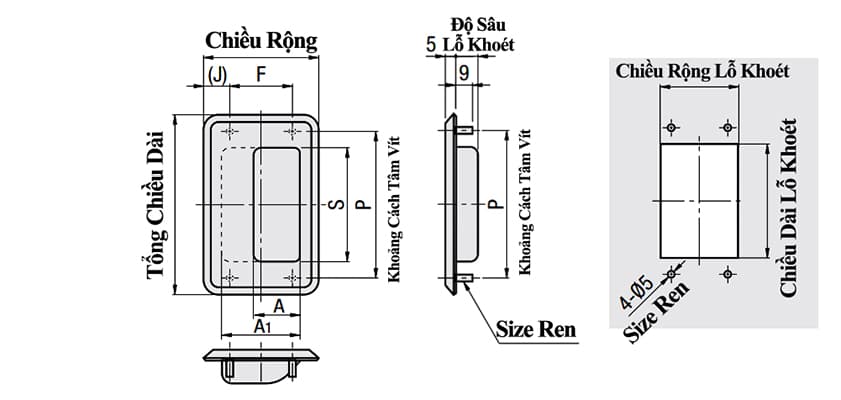 Bản vẽ kỹ thuật Tay Nắm Cửa Âm Inox 304 Đánh Xước W 88 mm x L 138 mm (UWUAN138-B)