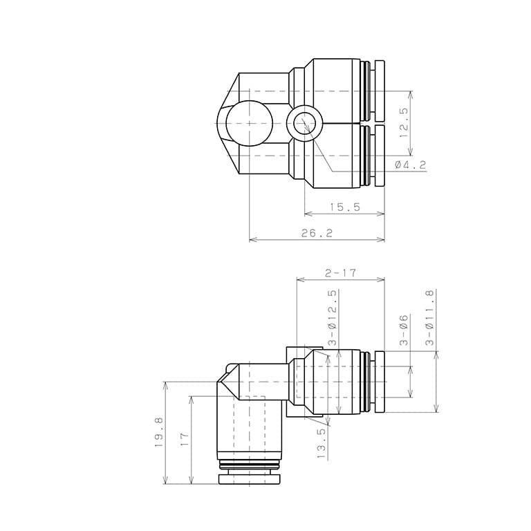 Bản vẽ kỹ thuật Đầu Nối Nhanh Khí Nén Ba Ngã Cong 90° Pisco PAU6