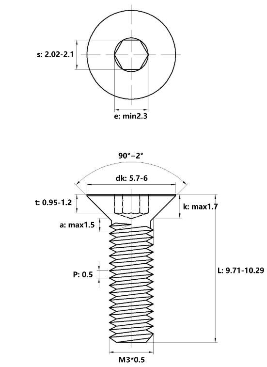 Bản vẽ kỹ thuật Lục Giác Chìm Col Thép Đen 12.9 DIN7991 M3x10 (50Cái/Bịch)