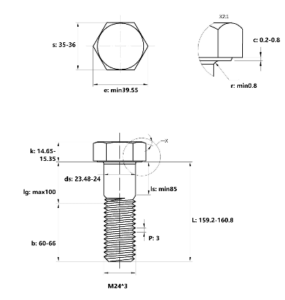 Bản vẽ kỹ thuật Bulong Nhúng Nóng 8.8 DIN931 M24x160 Ren Lửng