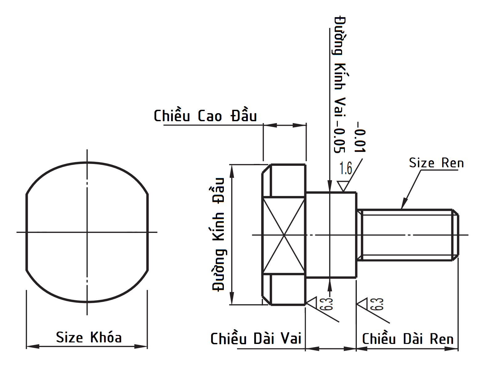 Bản vẽ kỹ thuật Bulong Vai Vặn Bằng Cờ Lê D4x4 CBDBW4-4