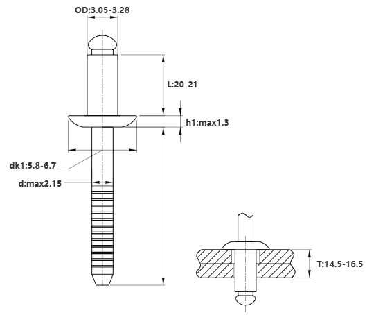 Bản vẽ kỹ thuật Rivet Inox 304 OD3.2x20mm (1000 Cái)