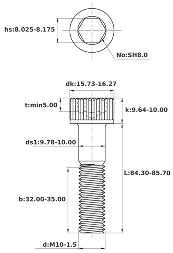 Bản vẽ kỹ thuật Lục Giác Chìm Đầu Trụ Thép Mạ Kẽm Trắng Cr3+ 12.9 DIN912 M10x85 Ren Lửng