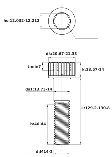 Bản vẽ kỹ thuật Lục Giác Chìm Đầu Trụ Thép Đen 12.9 DIN912 M14x130 Ren Lửng