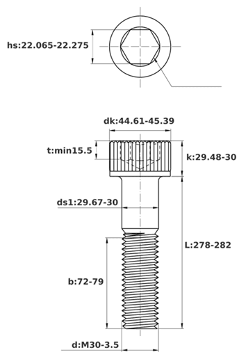 Bản vẽ kỹ thuật Lục Giác Chìm Đầu Trụ Thép Đen 12.9 DIN912 M30x280 Ren Lửng