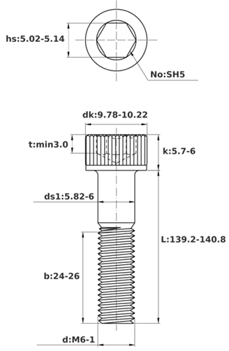 Bản vẽ kỹ thuật Lục Giác Chìm Đầu Trụ Thép Đen 12.9 DIN912 M6x140 Ren Lửng