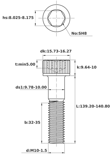Bản vẽ kỹ thuật Lục Giác Chìm Đầu Trụ Thép Đen 12.9 DIN912 M10x140 Ren Lửng