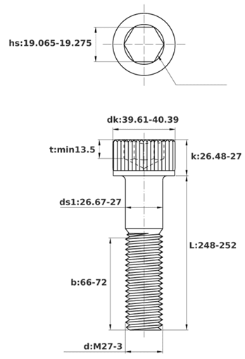 Bản vẽ kỹ thuật Lục Giác Chìm Đầu Trụ Thép Đen 12.9 DIN912 M27x250 Ren Lửng
