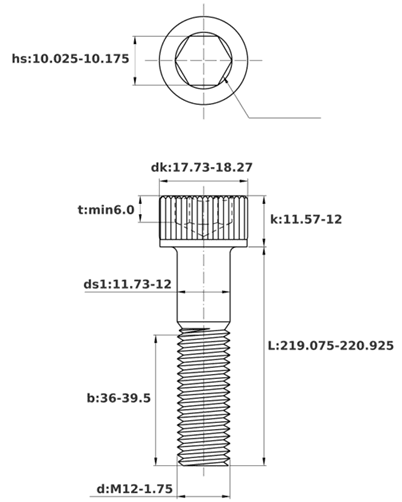 Bản vẽ kỹ thuật Lục Giác Chìm Đầu Trụ Thép Đen 12.9 DIN912 M12x220 Ren Lửng