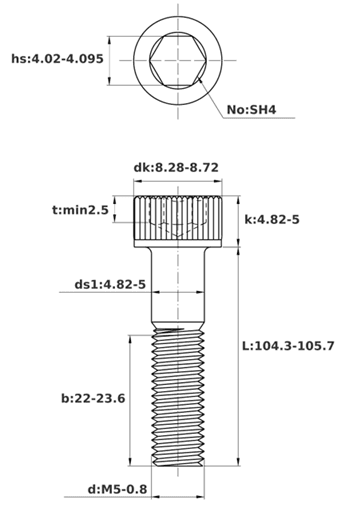 Bản vẽ kỹ thuật Lục Giác Chìm Đầu Trụ Thép Đen 12.9 DIN912 M5x105 Ren Lửng