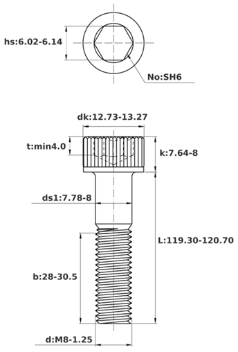 Bản vẽ kỹ thuật Lục Giác Chìm Đầu Trụ Thép Nhúng Nóng Kẽm 12.9 DIN912 M8x120 Ren Lửng