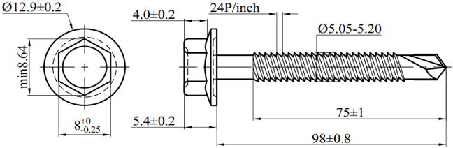 Bản vẽ kỹ thuật Vít Tôn Đầu Lục Giác MS-PRO 4.8x100mm (200 Cái)