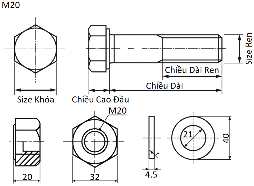 Bản vẽ kỹ thuật Bulong Cường Độ Cao Thép Đen F10T M20x50 Ren Lửng (1 Tán + 2 Lông Đền)