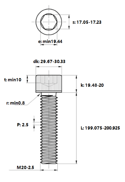Bản vẽ kỹ thuật Lục Giác Chìm Đầu Trụ Thép Đen 12.9 DIN912 M20x200