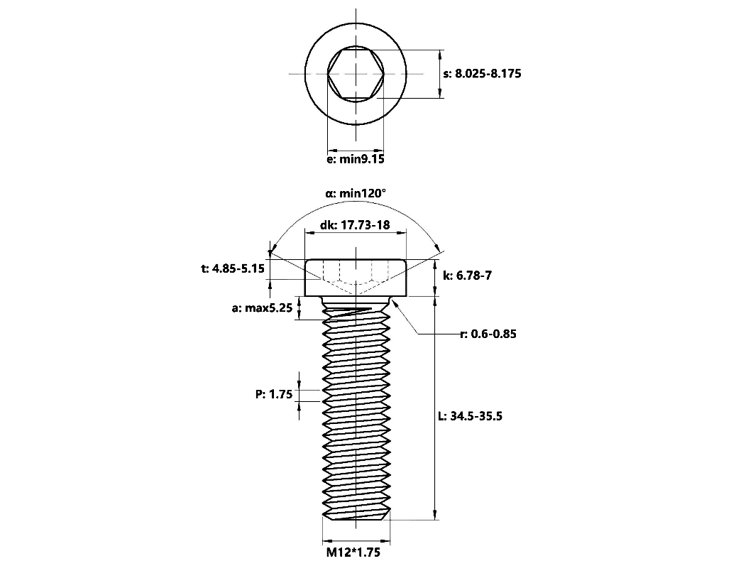 Bản vẽ kỹ thuật Lục Giác Trụ Đầu Thấp Inox 304 DIN7984 M12x35