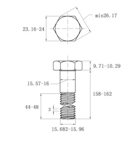 Bản vẽ kỹ thuật Bulong Thép Đen 8.8 DIN931 M16x160 Ren Lửng