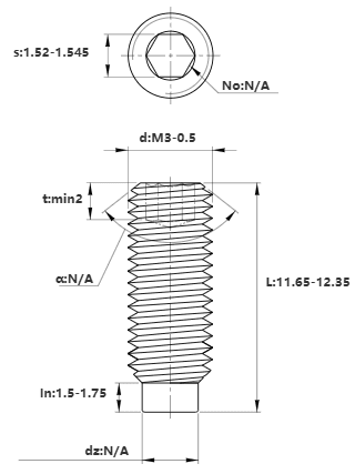 Bản vẽ kỹ thuật Vít Trí Đuôi Trụ Thép Đen 10.9 DIN915 M3x12