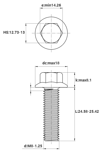 Bản vẽ kỹ thuật Bulong Đầu Bông Thép Mạ Kẽm 8.8 DIN6921 M8x25 (Không Khía)