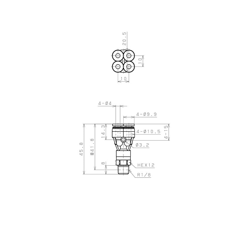 Bản vẽ kỹ thuật Đầu Nối Nhanh Khí Nén Dạng Chữ Y Bốn Nhánh Ren Ngoài Pisco PRX4-01SUS