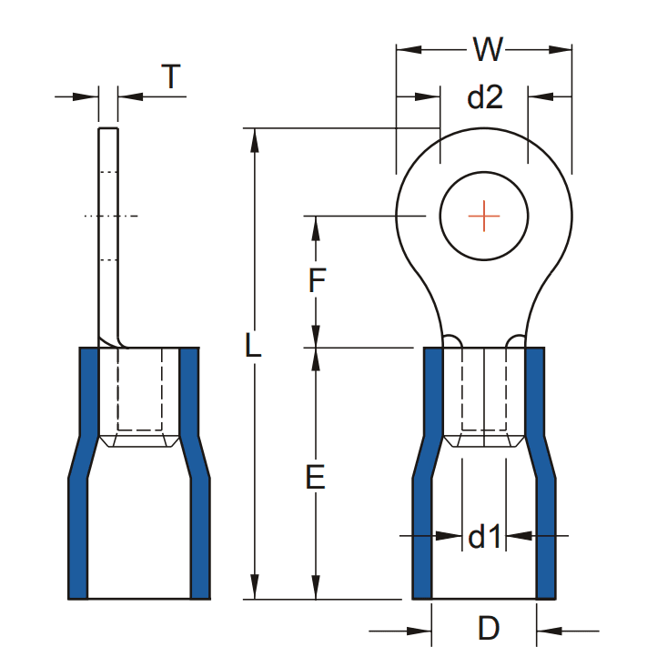 Bản vẽ kỹ thuật Đầu Cosse Tròn Cách Điện Màu Xanh Dương KST 2 mm2 RVS2-5