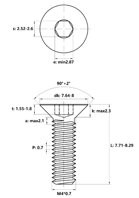 Bản vẽ kỹ thuật Lục Giác Chìm Col Thép Đen 10.9 DIN7991 M4x8