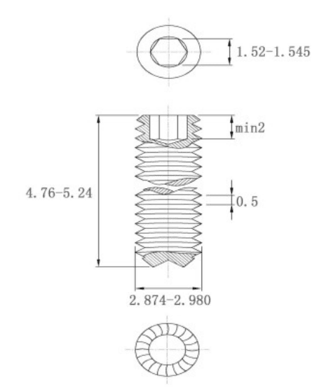 Bản vẽ kỹ thuật Vít Trí Đuôi Lõm Có Khía Thép Đen 12.9 DIN916K M3x5