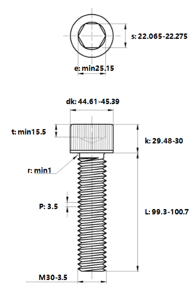 Bản vẽ kỹ thuật Lục Giác Chìm Đầu Trụ Thép Đen 12.9 DIN912 M30x100