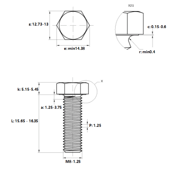 Bản vẽ kỹ thuật Bulong Nhúng Nóng 8.8 DIN933 M8x16