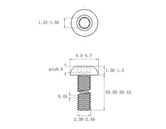 Bản vẽ kỹ thuật Lục Giác Chìm Mo Thép Đen 10.9 ISO7380 M2.5x30