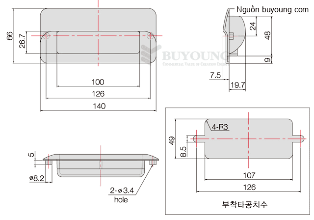 Bản vẽ kỹ thuật Tay nắm cửa chìm Buyoung 66x140 BY2-200WT (Màu Trắng)