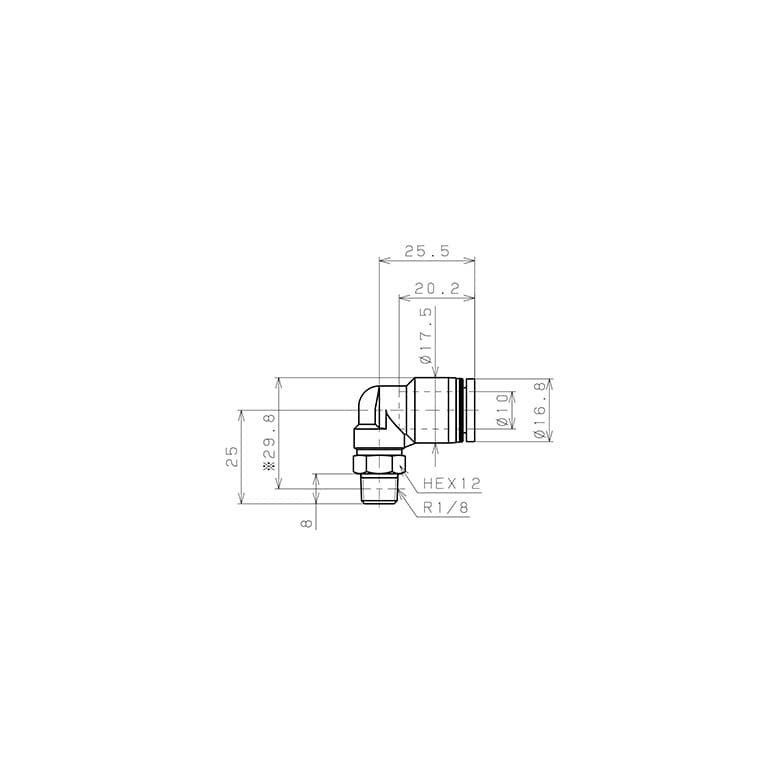 Bản vẽ kỹ thuật Đầu Nối Nhanh Khí Nén Cong 90° Phi 10mm Ren Ngoài R1/8 Pisco PL10-01