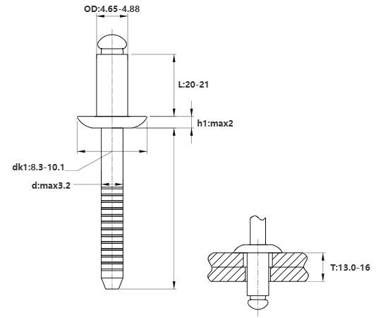 Bản vẽ kỹ thuật Rivet Inox 304 OD4.8x20mm (500 Cái)