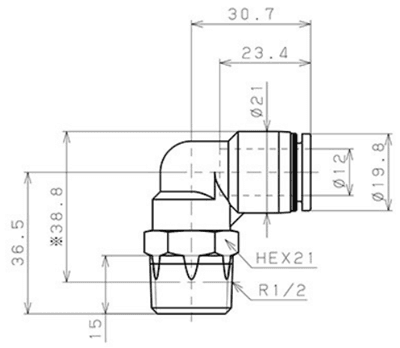 Bản vẽ kỹ thuật Đầu Nối Nhanh Khí Nén Cong 90° Phi 12mm Ren Ngoài R1/2 Pisco PL12-04