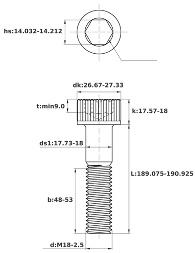 Bản vẽ kỹ thuật Lục Giác Chìm Đầu Trụ Thép Đen 12.9 DIN912 M18x190 Ren Lửng