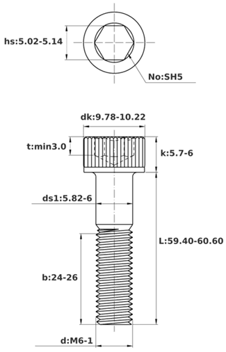 Bản vẽ kỹ thuật Lục Giác Chìm Đầu Trụ Thép Đen 12.9 DIN912 M6x60 Ren Lửng