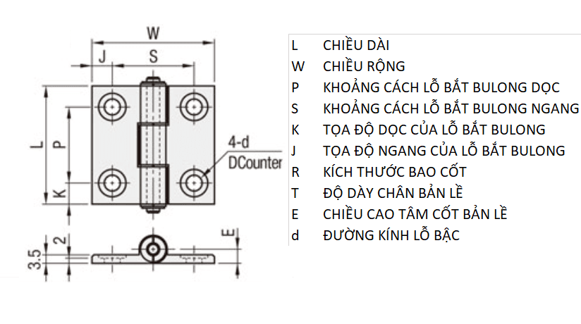 Bản vẽ kỹ thuật Bản Lề Lá Nhôm Hợp Kim Mạ Anodized Trắng (HHPSNT8) L 63 mm