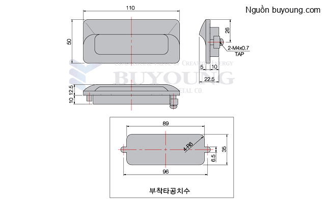 Bản vẽ kỹ thuật Tay nắm cửa chìm crom Buyoung 35x110 BY183-2-CR