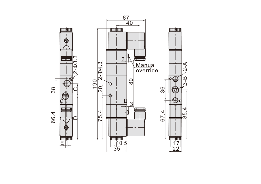 Bản vẽ kỹ thuật Van Điện Từ Khí Nén Solenoid 5/3 2 Coil PT1/8inch Airtac 4V230P-06B