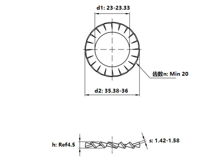 Bản vẽ kỹ thuật Lông Đền Răng Ngoài Loại A Thép Mạ Kẽm DIN6798A M22