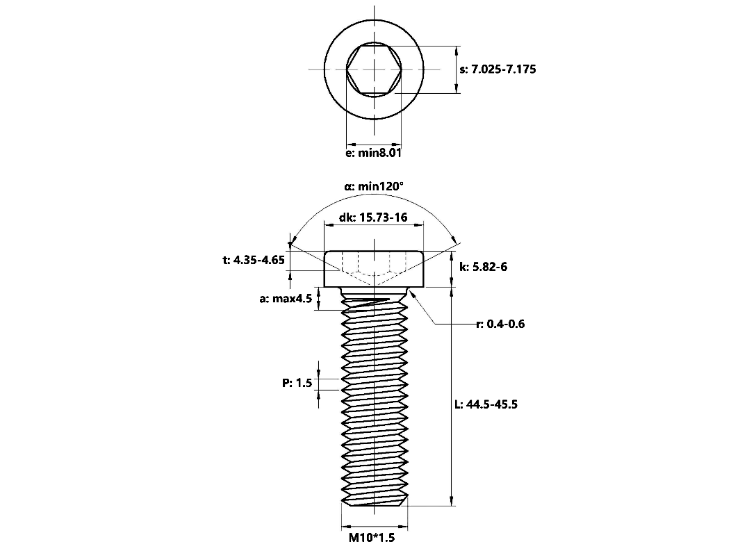 Bản vẽ kỹ thuật Lục Giác Trụ Đầu Thấp Inox 304 DIN7984 M10x45