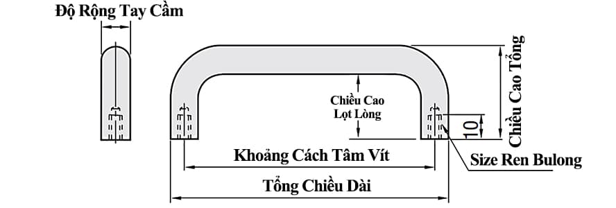 Bản vẽ kỹ thuật Tay Nắm Cửa Chữ U Thép Mạ Chrome Phi 12 mm x L 188 mm (UWAN12-188-75)